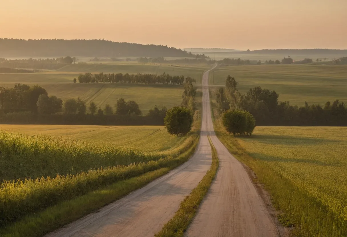 Landstraße zwischen zwei kleinen Städten am frühen Morgen